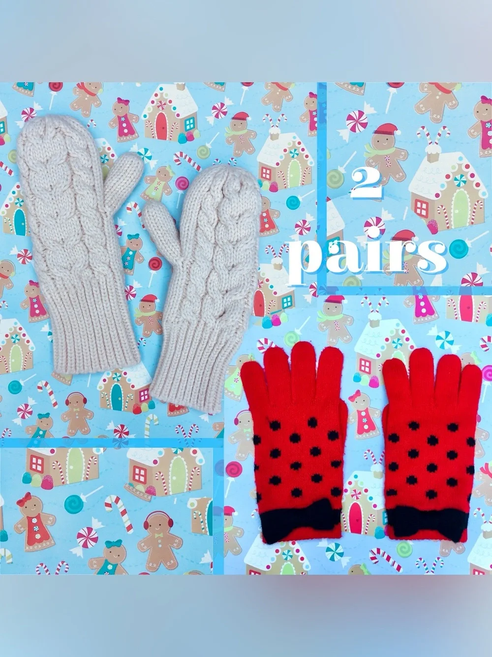 2 Pair Bundle ❉ GapKids Cable Knit Cream Mittens & Red Bow Polka Dot Gloves